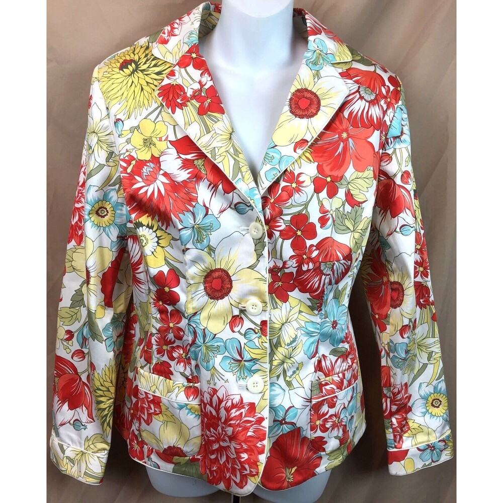 Valerie Stevens blazer jacket PL red floral 3 button notch collar pockets Career